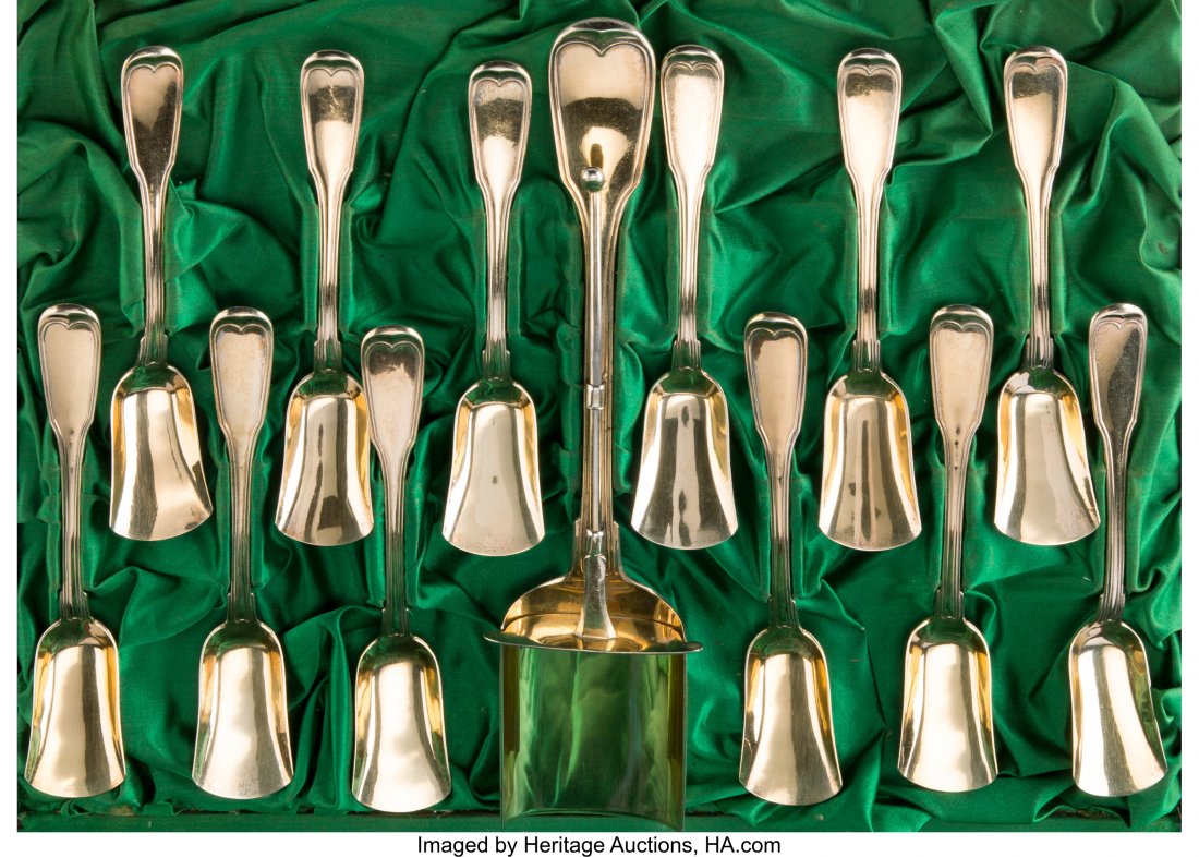 A Cased Thirteen-Piece German Gilt Silver Desser (1 of 3)