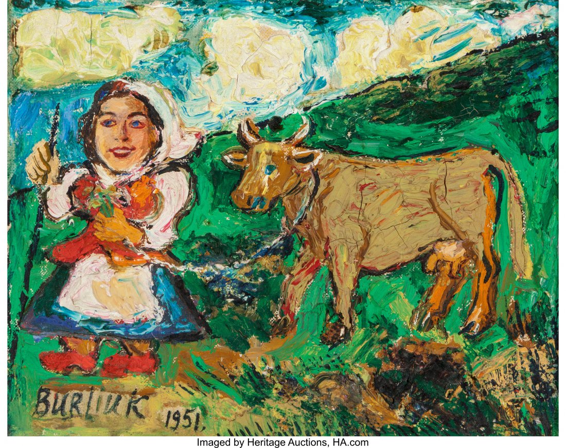 David Burliuk (Ukrainian/American, 1882-1967) Gi: David Burliuk (Ukrainian/American, 1882-1967) Girl Leading Yellow Cow, 1951 O