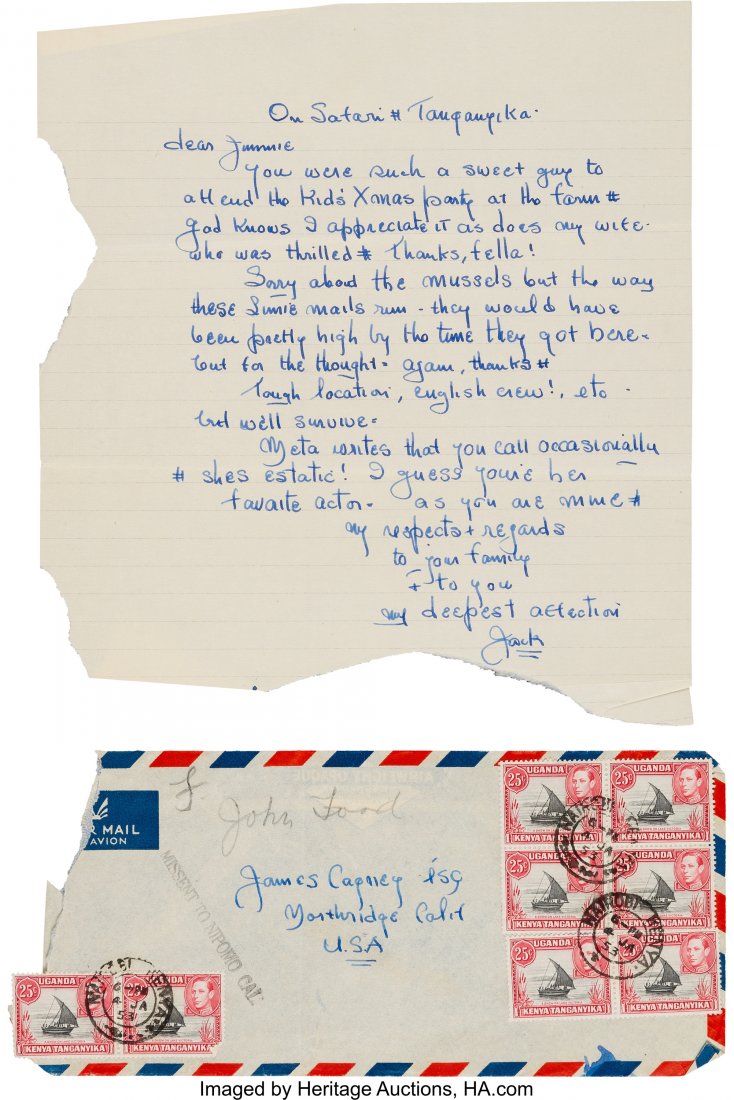 A James Cagney-Received Handwritten Letter from: A James Cagney-Received Handwritten Letter from John Ford from the "Mogambo" Location Set in Africa,