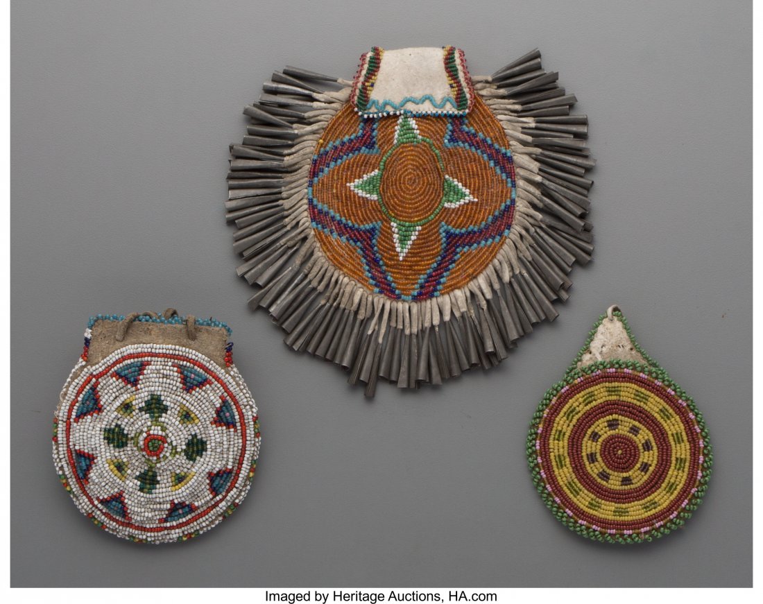 Three Apache Beaded Hide Pouches c. 1890 hide,: Three Apache Beaded Hide Pouches c. 1890hide, glass seed beads, thread, sinew, me