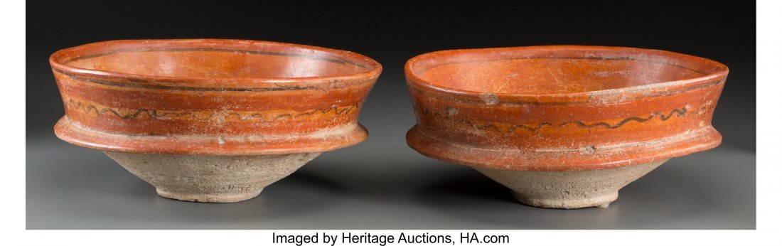 A Pair of Maya Bowls c. 600 - 900 AD Each with : A Pair of Maya Bowls c. 600 - 900 AD Each with walls flaring up from encircling fl
