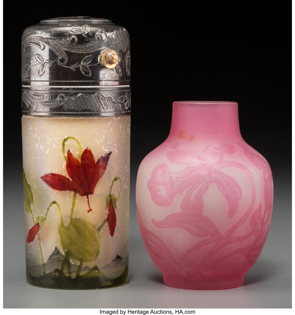 Daum Enameled Glass Atomizer and Charles Vessier: Daum Enameled Glass Atomizer and Charles Vessiere Cabinet VaseEarly 20th century. Cameo