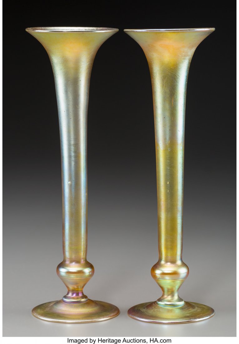Pair of Tiffany Studios Gold Favrile Glass Trump: Pair of Tiffany Studios Gold Favrile Glass Trumpet Vases Circa 1917. Engraved L.C. Tiffa