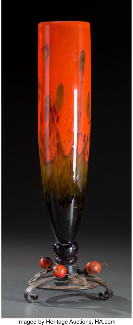 Schneider Mottled Glass Vase with Wrought Iron M (1 of 3)