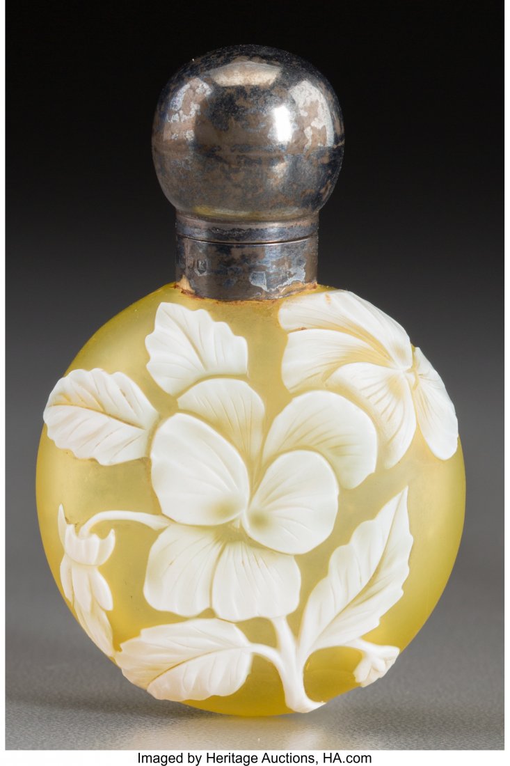 Thomas Webb & Sons White Overlay Yellow Glass Pa: Thomas Webb & Sons White Overlay Yellow Glass Pansy Per