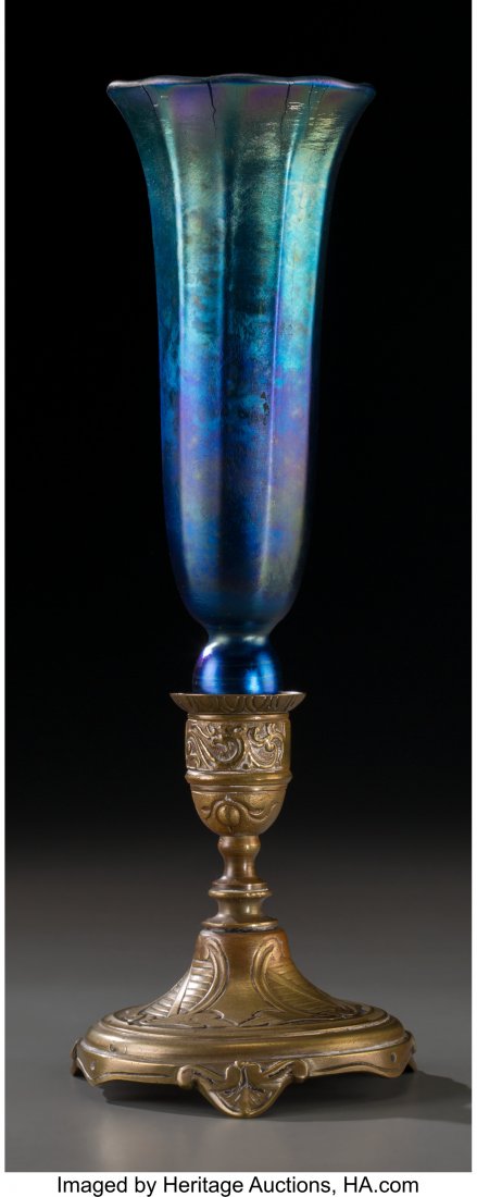 American Blue Iridescent Glass Floriform Vase wi (1 of 3)