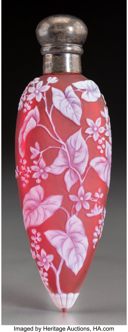 Thomas Webb White Overlay Red Glass Perfume Vial: Thomas Webb White Overlay Red Glass Perfume Vial with Silver MountsCirca 1885. Stamped (li