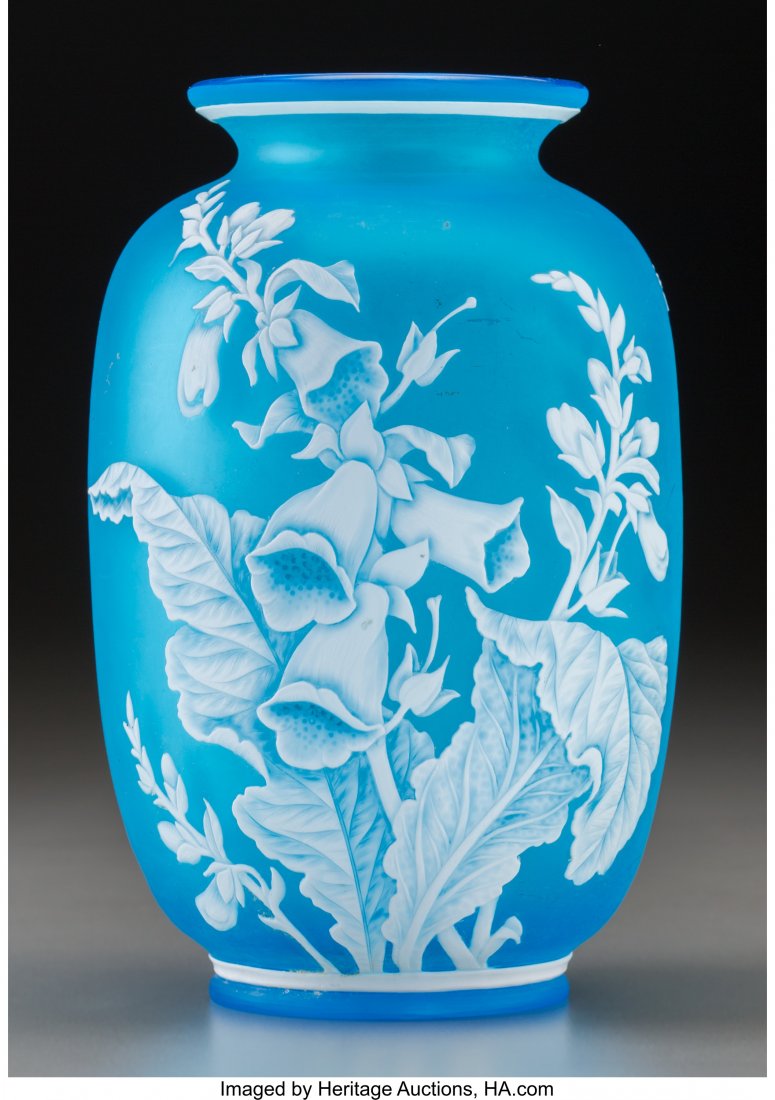 Thomas Webb & Sons White Overlay Blue Glass Foxg: Thomas Webb & Sons White Overlay Blue Glass Foxglove Va