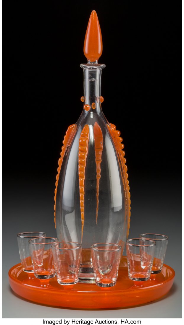 Eight-Piece Daum Art Deco Clear and Orange Glass: Eight-Piece Daum Art Deco Clear and Orange Glass Decanter Set Circa 1930. Engraved Daum<
