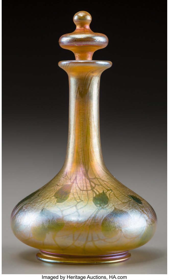 Tiffany Studios Gold Favrile Glass Foliate Perfu: Tiffany Studios Gold Favrile Glass Foliate Perfume Bottle Circa 1916. Engraved L.C. Tiff
