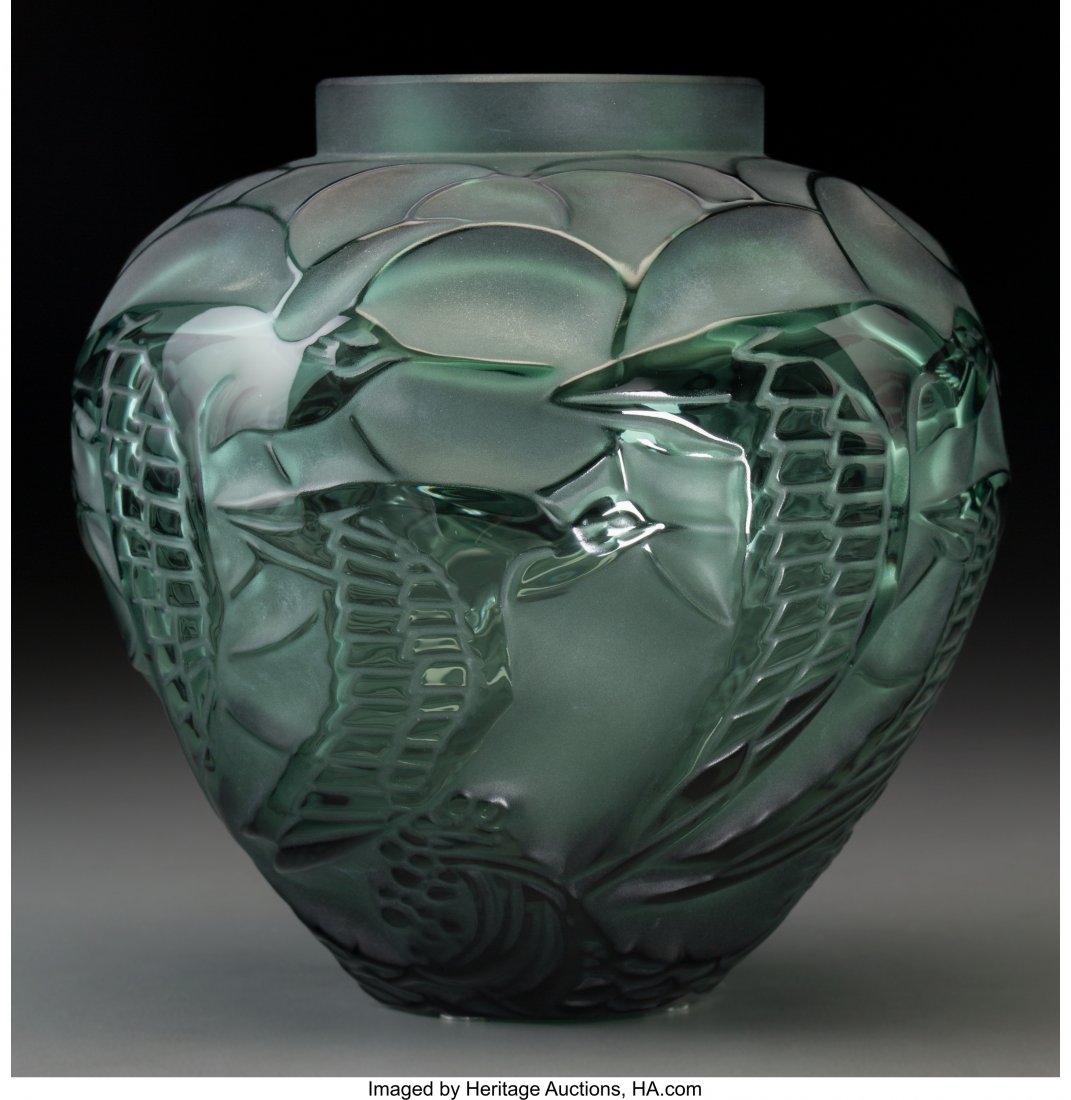 Lalique Green Glass Courlis Vase Post-1945. Orig (1 of 3)