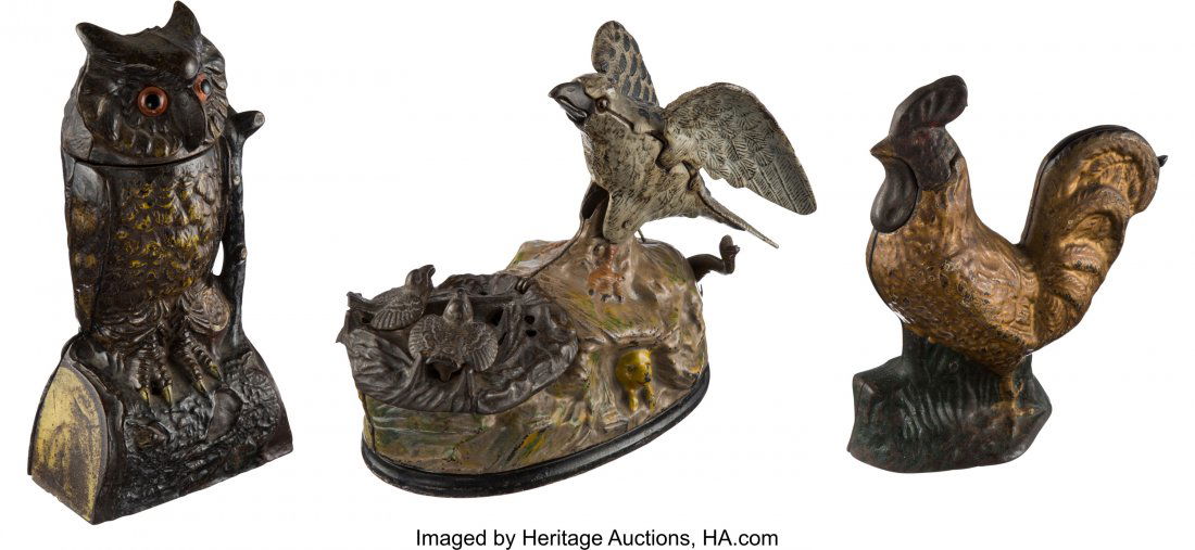 Mechanical Banks: Eagle & Eaglets, Owl, and Roos (1 of 3)