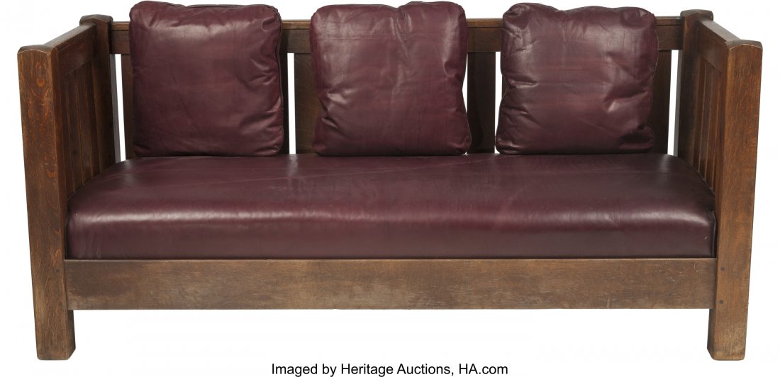 An L & JG Stickley Arts & Crafts Oak Even Arm Se: An L & JG Stickley Arts & Crafts Oak Even Arm Settle 34 h x 76 w x 30-3/4 d inches