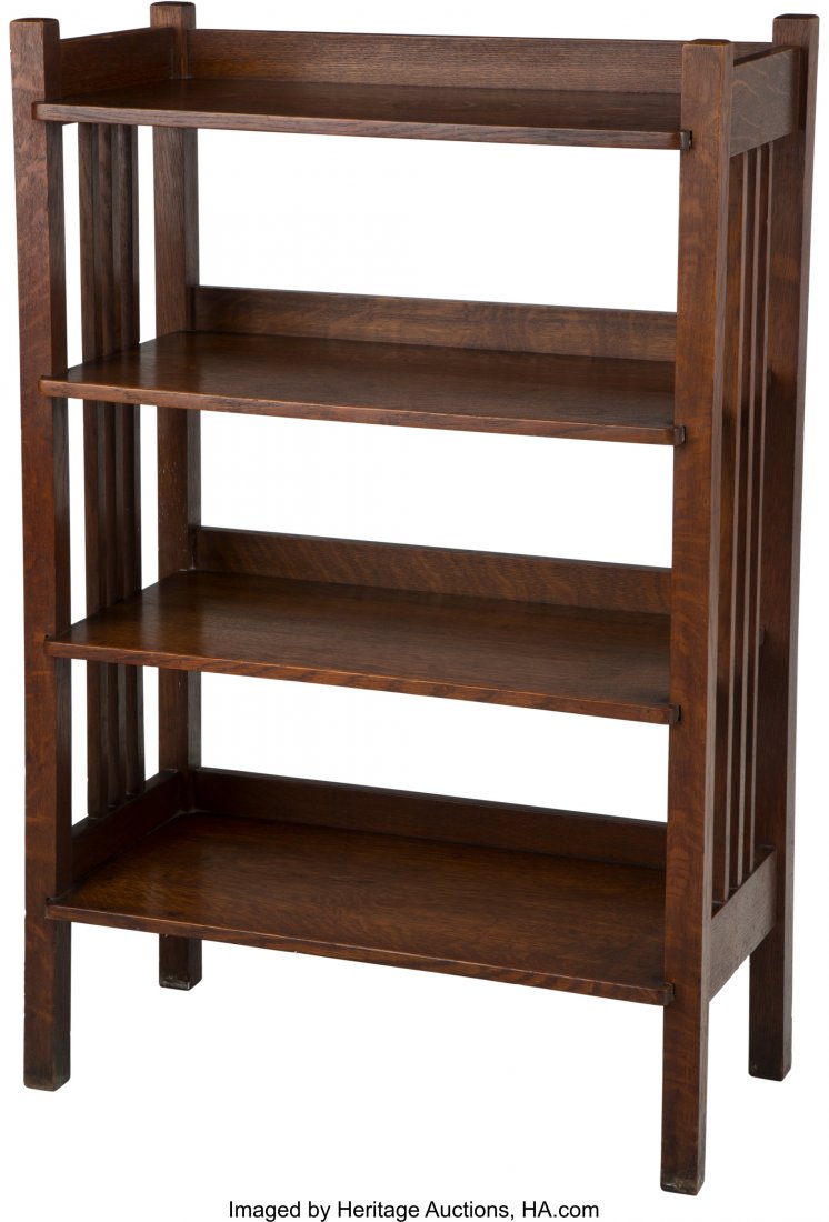 A Stickley Brothers Arts & Crafts Oak Slatted Bo: A Stickley Brothers Arts & Crafts Oak Slatted Bookcase, circa 1905 40 h x 26 w x 1