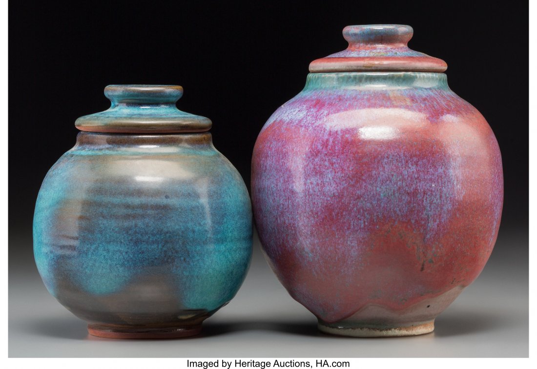 Two Harding Black Jun-Type Glazed Earthenware Co: Two Harding Black Jun-Type Glazed Earthenware Covered Jars, San Antonio, Texas, 1971-1973