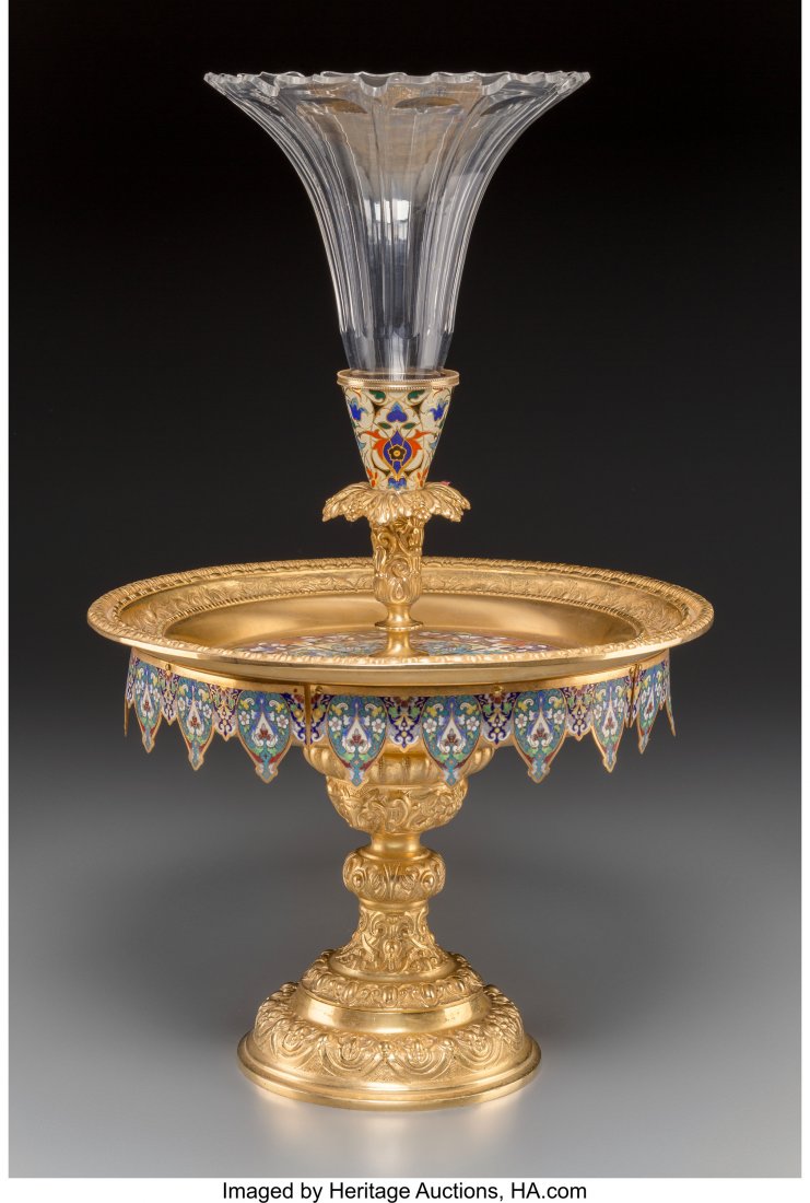 A Large ChamplevÃ© and Gilt Bronze Centerpiece 2: A Large ChamplevÃ© and Gilt Bronze Centerpiece 20-5/8 inches high x 12-3/4 inches diameter (52.4 x