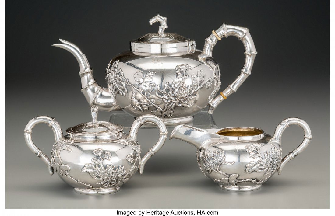 A Three-Piece Shing Fat Chinese Export Silver Te: A Three-Piece Shing Fat Chinese Export Silver Tea Set, circa 1900Marks: SHINGFAT