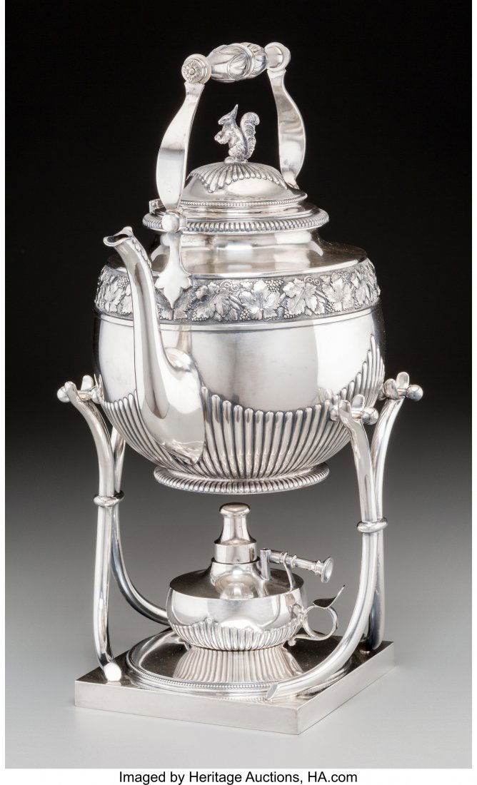 A Koch & Bergfeld Silver Hot Water Kettle on Sta: A Koch & Bergfeld Silver Hot Water Kettle on Stand with Squirrel Finial, Bremen, Germany,