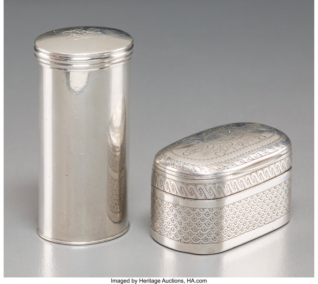 Two John Thornton and Taylor & Perry Silver Nutm: Two John Thornton and Taylor & Perry Silver Nutmeg Graters, Birmingham, England, circa 182