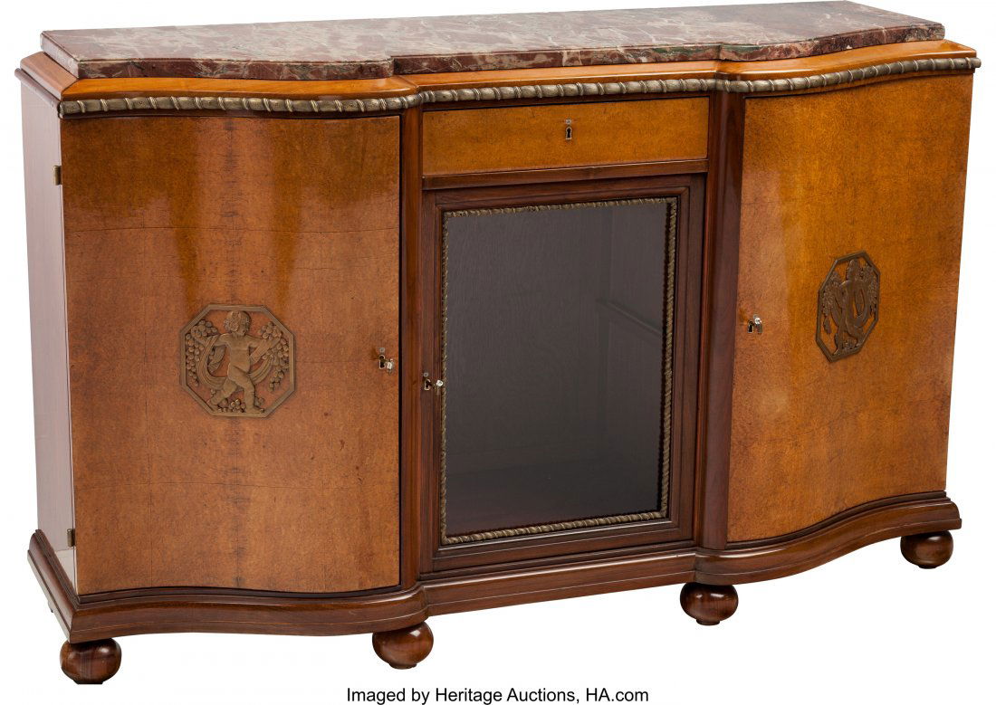 A De Coene Freres Art Deco Mahogany and Burlwood: A De Coene Freres Art Deco Mahogany and Burlwood Buffet with Marble Top, Belgium, circa 1930