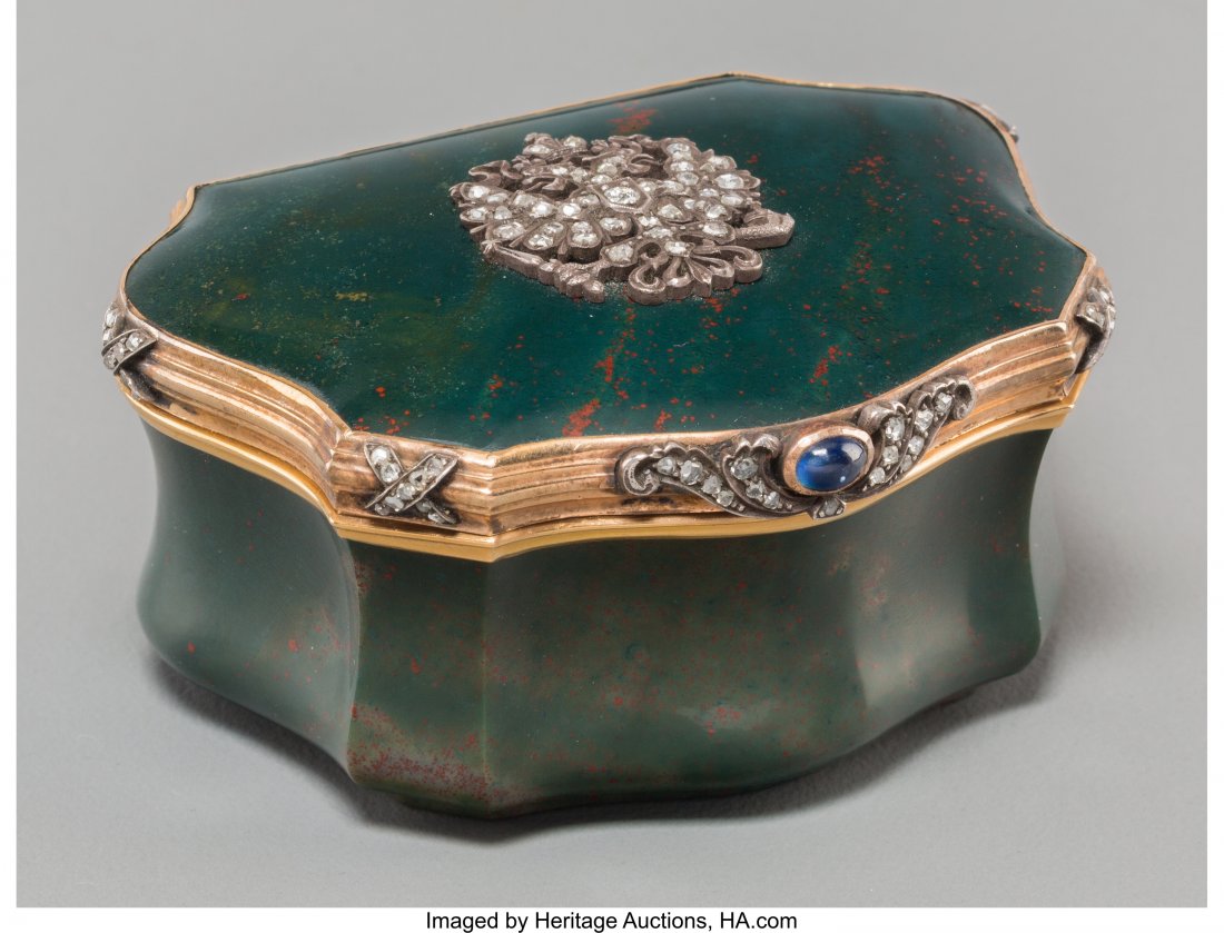 A Faberge-Style 14K Gold, Diamond, and Bloodston: A Faberge-Style 14K Gold, Diamond, and Bloodstone Pill Box, late 20th century 1-1/4 h x 2-1