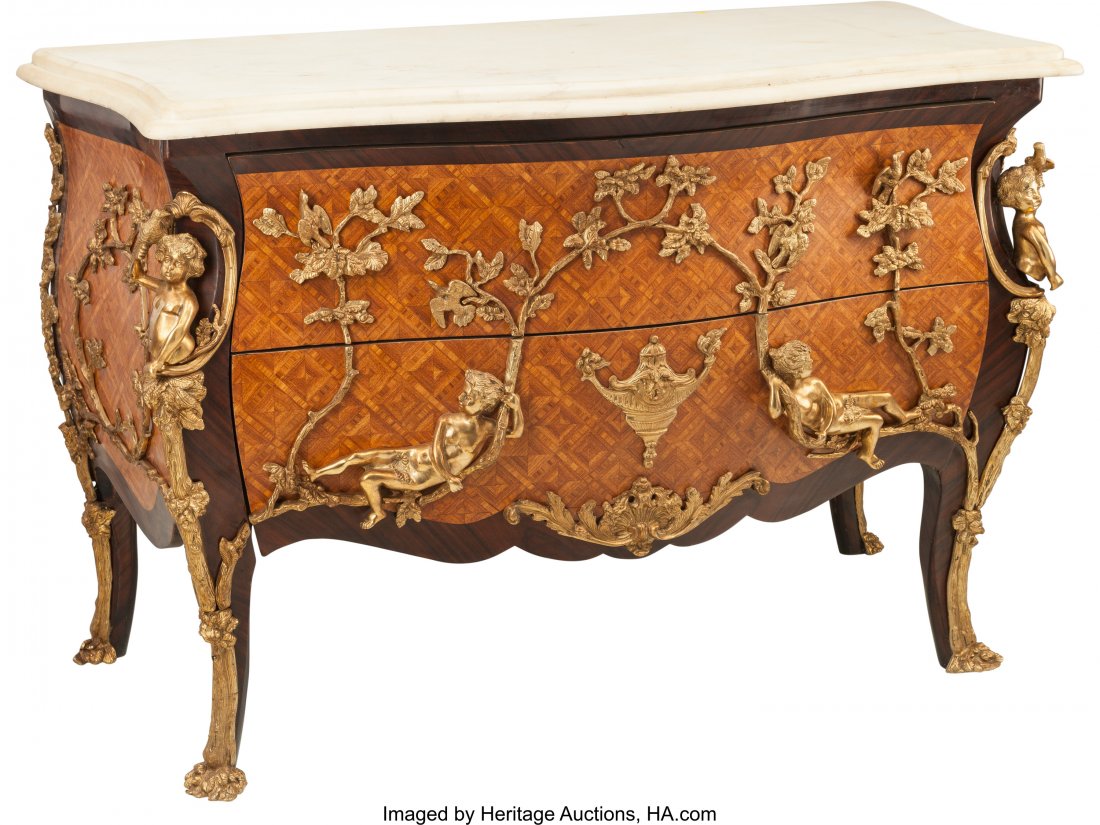 A Louis XV-Style Marquetry Commode with Figural : A Louis XV-Style Marquetry Commode with Figural Bronze Mounts and Marble Top 36 h x 55 w x