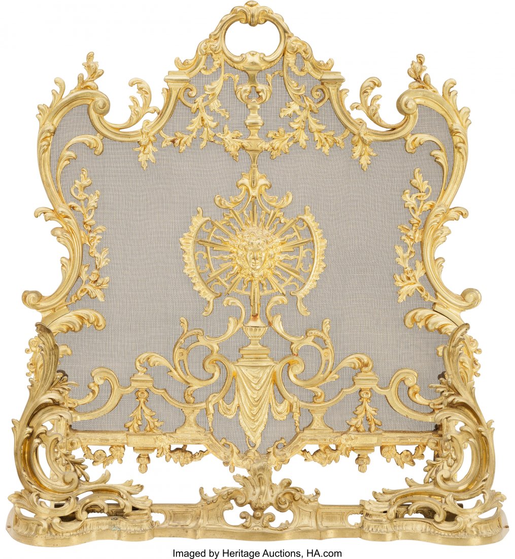 A Louis XV-Style Gilt Bronze Firescreen and Fend: A Louis XV-Style Gilt Bronze Firescreen and Fender, late 19th-early 20th century 30-3/4 inc