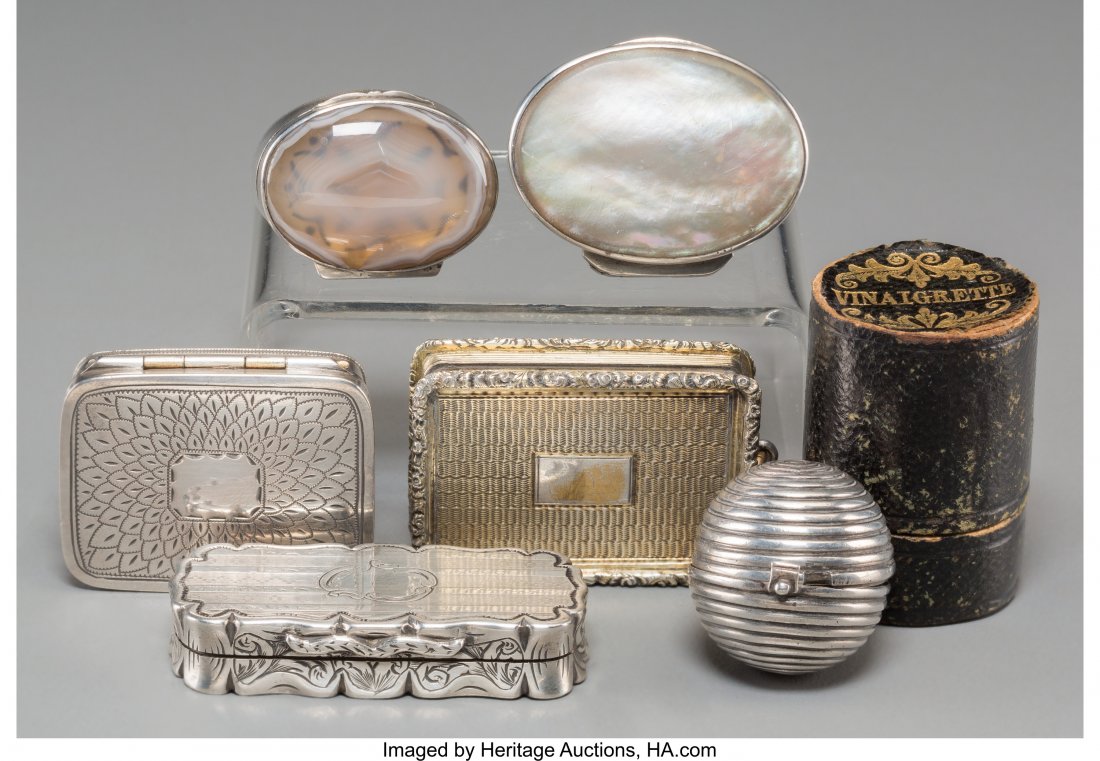 Seven Various Silver, Glass, and Mixed Media Snu: Seven Various Silver, Glass, and Mixed Media Snuff Boxes and Vinaigrettes, late 18th century a
