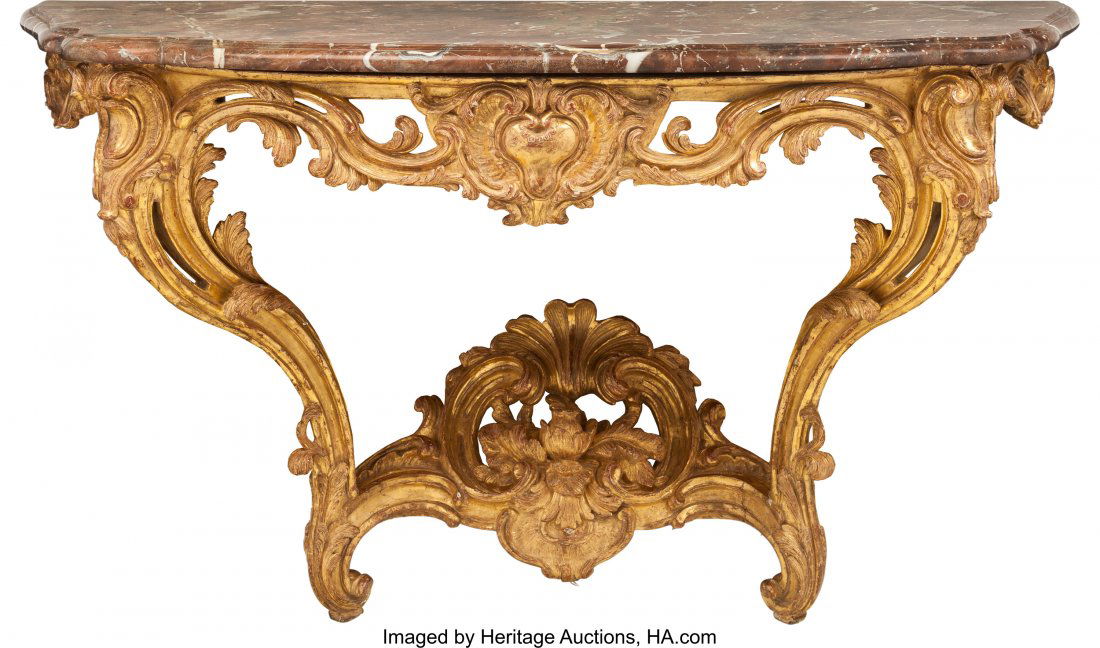 A Pair of Italian Louis XV-Style Carved Giltwood: A Pair of Italian Louis XV-Style Carved Giltwood Console Tables with Rouge Marble Tops, mid-18