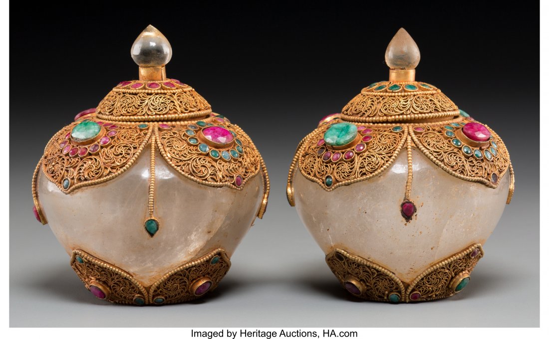 A Pair of Mughal-Style Rock Crystal, Gilt Metal,: A Pair of Mughal-Style Rock Crystal, Gilt Metal, and Hardstone-Mounted Covered Jars 4-3/8 i
