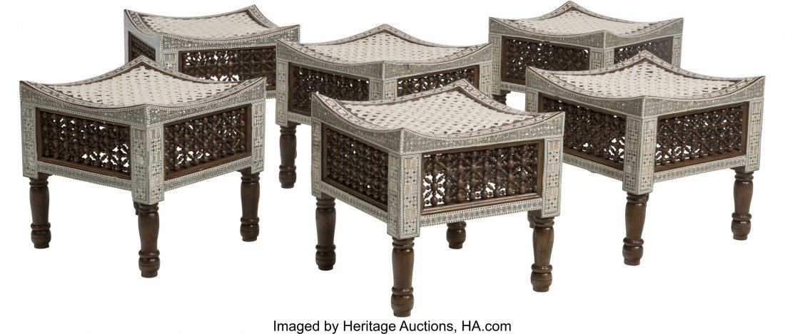 A Set of Six Syrian Carved Wood, Bone, and Mothe: A Set of Six Syrian Carved Wood, Bone, and Mother-of-Pearl Footstools in the Moorish Taste