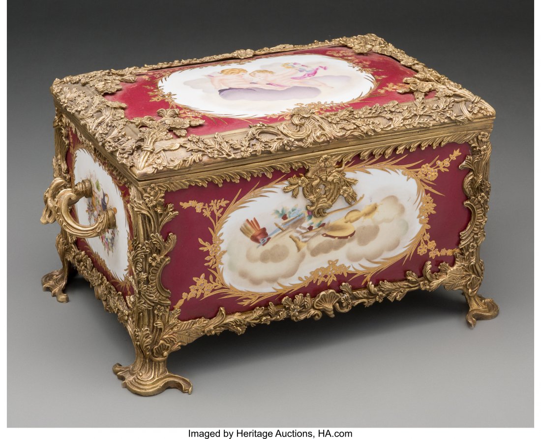 A Sevres-Style Porcelain and Bronze Table Casket: A Sevres-Style Porcelain and Bronze Table Casket 7-1/2 h x 14-1/2 w x 9-1/2 d inches (19.1