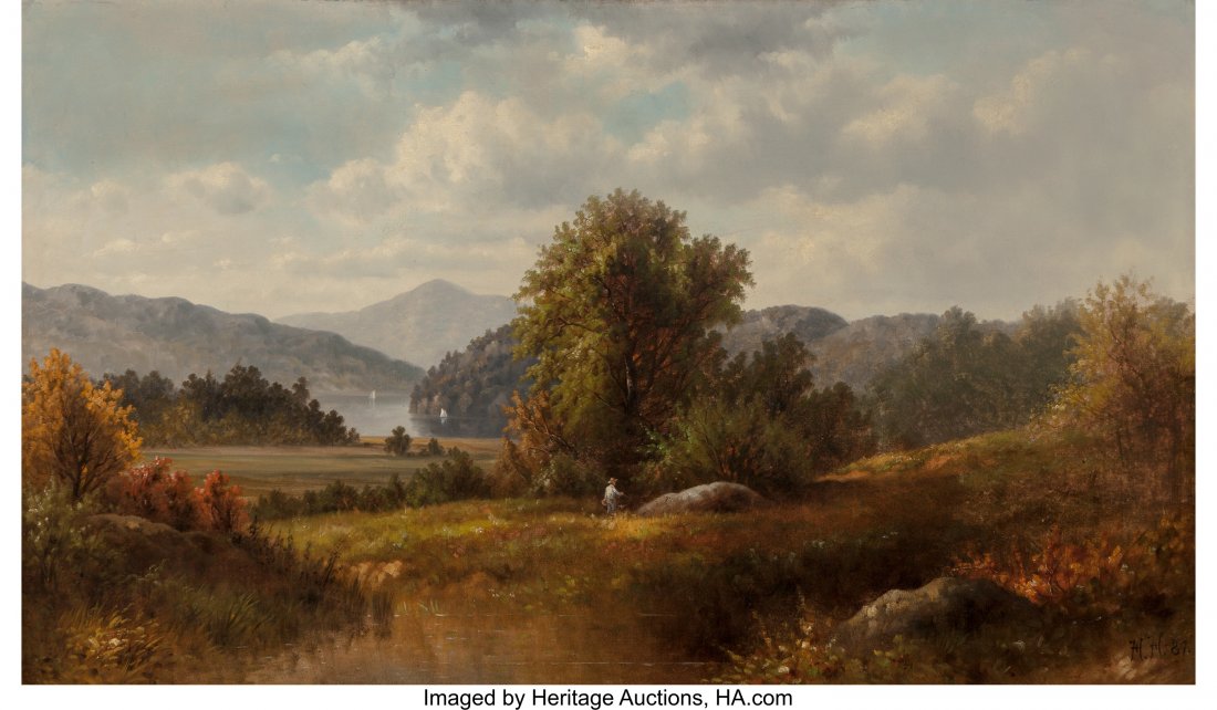 American School (Late 19th Century) Hudson River: American School (Late 19th Century) Hudson River View with Fisherman, 1887 Oi