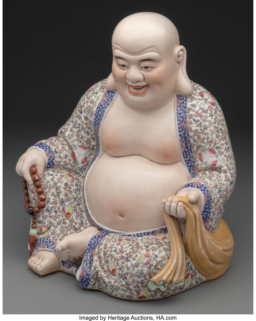 A Chinese Enameled Porcelain Figure of a Seated : A Chinese Enameled Porcelain Figure of a Seated Fat and Happy Buddha Marks: (multi-characte
