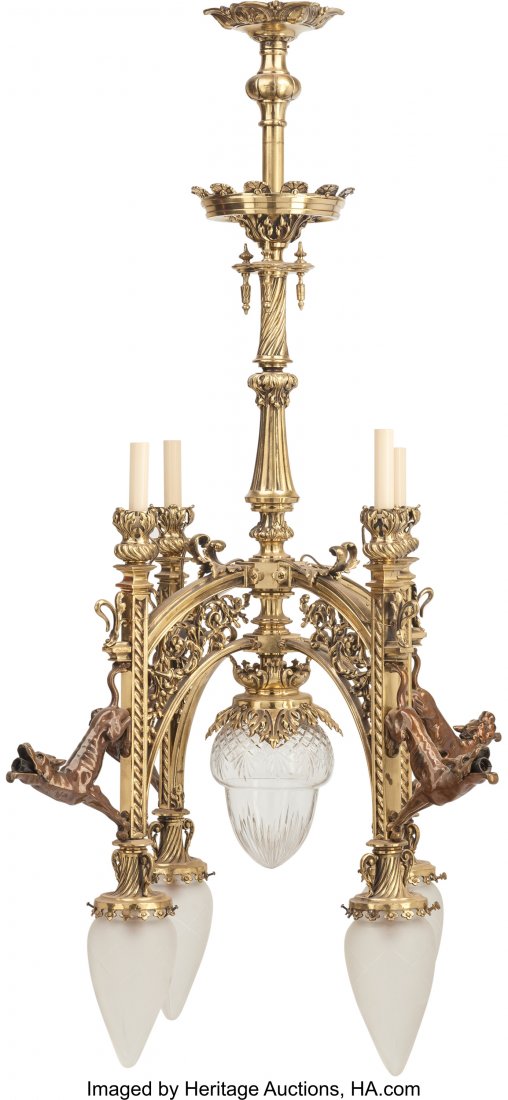 A Gothic Revival Polished Bronze Nine-Light Chan: A Gothic Revival Polished Bronze Nine-Light Chandelier with Hunting Dog Motif, early 20th