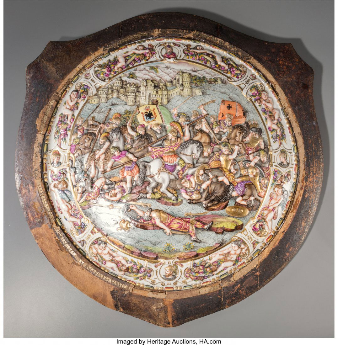 A Large Capodimonte Porcelain Plaque Depicting a: A Large Capodimonte Porcelain Plaque Depicting a Battle Scene from the Italian Wars, 19th century2