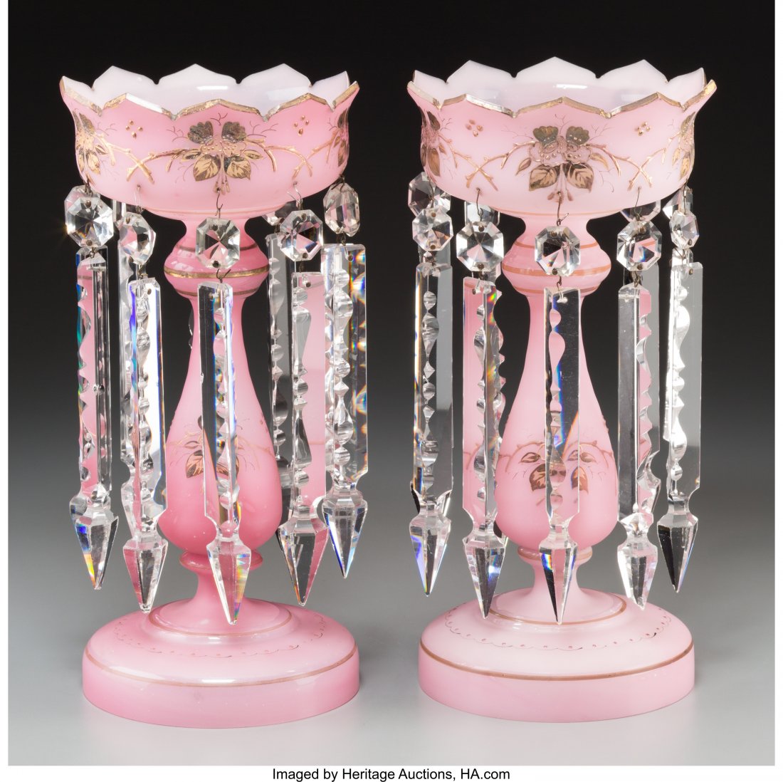 A Pair of French Pink Opaline Glass Lusters, lat: A Pair of French Pink Opaline Glass Lusters, late 19th century13-1/2 inches high (34.3 cm)