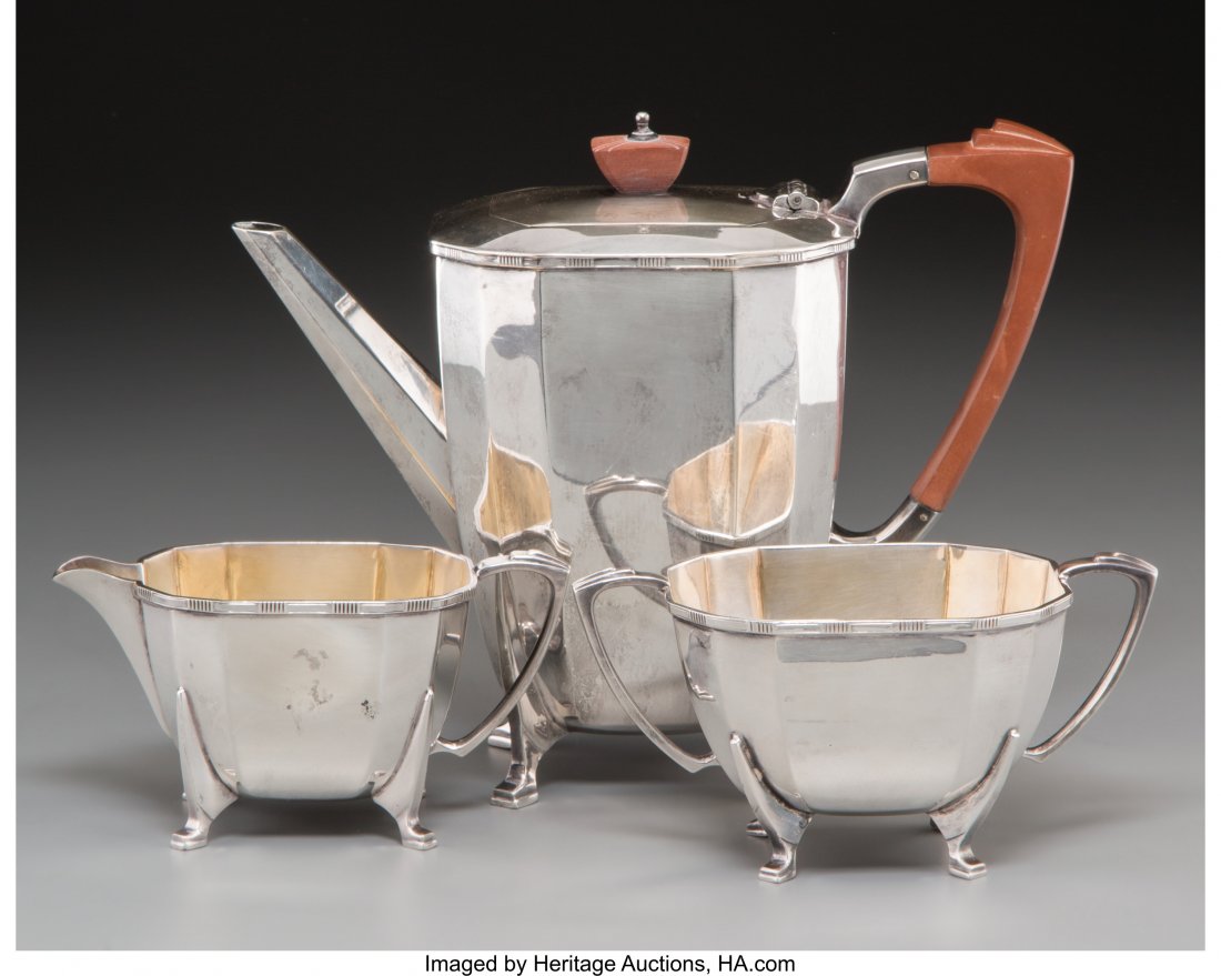 A Three-Piece Cooper Brothers & Sons Ltd. Englis: A Three-Piece Cooper Brothers & Sons Ltd. English Art Deco-Style Silver Tea Set, London, England,
