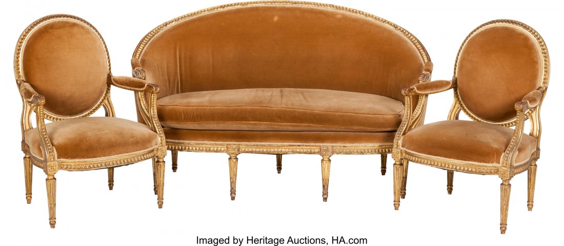 Three Piece Louis XVI-Style Upholstered Giltwood: Three Piece Louis XVI-Style Upholstered Giltwood Salon Suite, circa 1870 41 inches high x 66 i