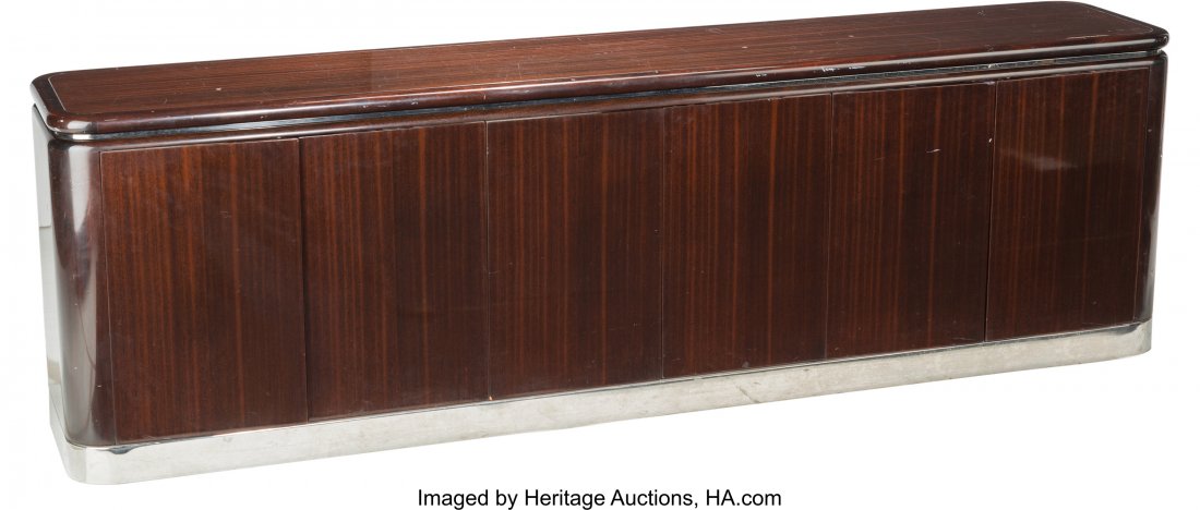 A Large Art Deco Mahogany and Chrome Credenza, l: A Large Art Deco Mahogany and Chrome Credenza, late 20th century 29 h x 96 w x 18 d inches (73.7 x