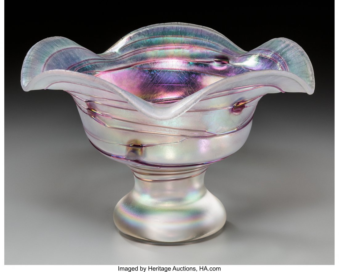 A Large Loetz-Style Iridescent Glass Bowl, circa: A Large Loetz-Style Iridescent Glass Bowl, circa 1900-19106-1/2 inches high x 10 inches diameter (