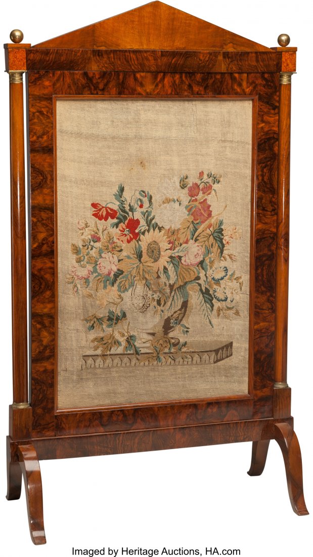 A Neoclassical Biedermeier Fire Screen with Need: A Neoclassical Biedermeier Fire Screen with Needlepoint Panel, 19th century 56-1/2 h x 32-3/4 w x 1