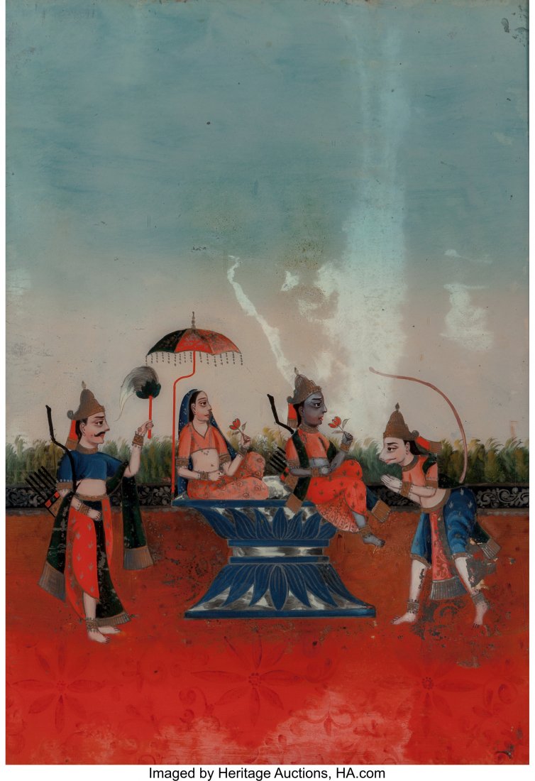 Three Indian or Mughal Eglomisé Paintings 20-1/: Three Indian or Mughal EglomisÃ© Paintings 20-1/4 inches high x 14-3/8 inches wide (51.4 x 36.5 cm)