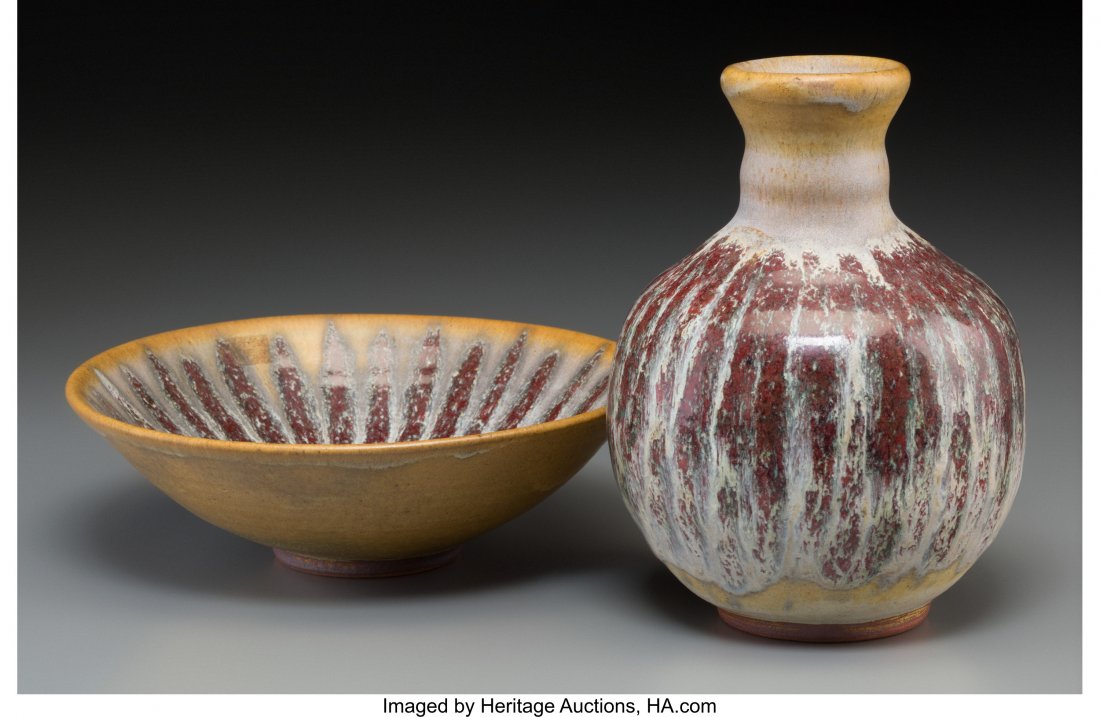 A Harding Black Yellow Sunburst and Flame Red Gl: A Harding Black Yellow Sunburst and Flame Red Glazed Terracotta Vase and Bowl, San Antonio, Texas