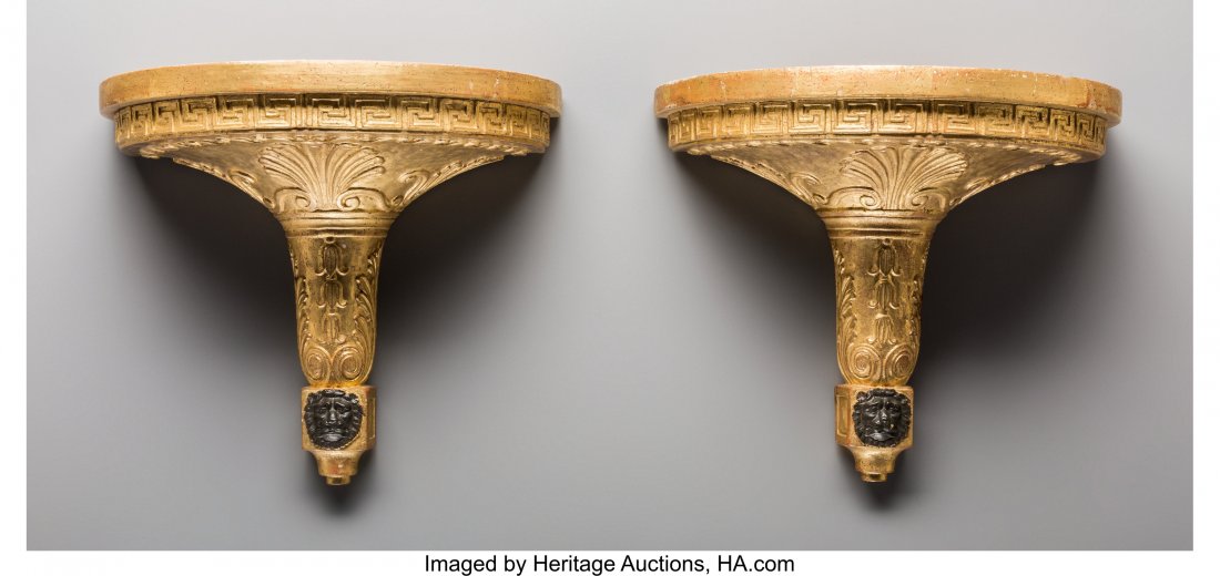 A Pair of Giltwood and Painted Faux Marble Brack: A Pair of Giltwood and Painted Faux Marble Brackets 11-3/8 h x 13-1/8 w x 7 d inches (28.9 x 33.3 x