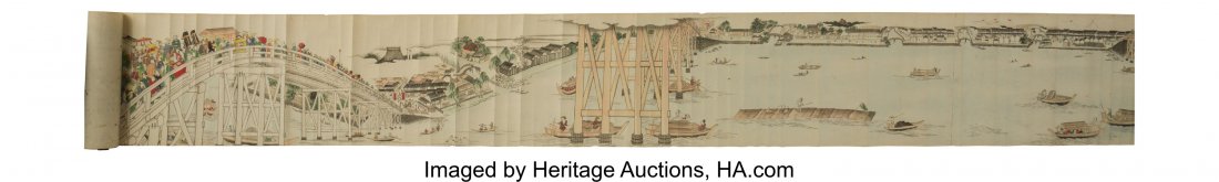 A Very Long apanese Ukiyo-e Style Painted Handsc: A Very Long apanese Ukiyo-e Style Painted Handscroll Depicting the Edobashi and other Bridges, Edo Per
