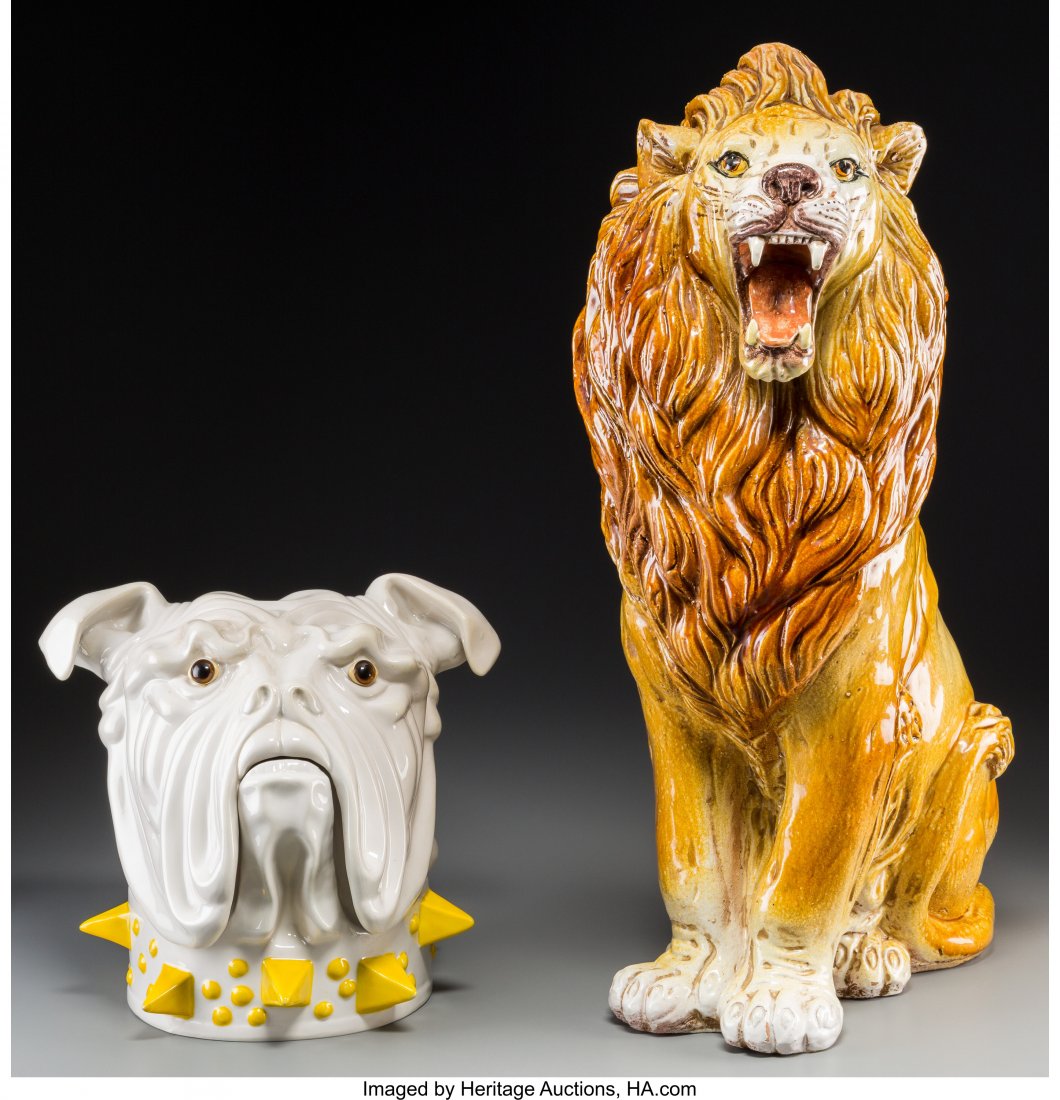 An Italian Terracotta Floor Lion with Mancioli C: An Italian Terracotta Floor Lion with Mancioli Ceramic Bulldog Cookie Jar, 20th century Marks to ja