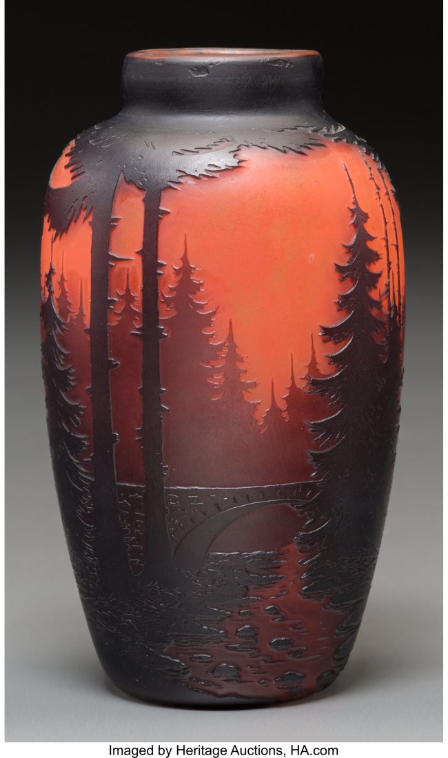 A Muller Freres Overlay and Mottled Glass Landsc: A Muller Freres Overlay and Mottled Glass Landscape Vase, Luneville, France, circa 1910 Marks: M