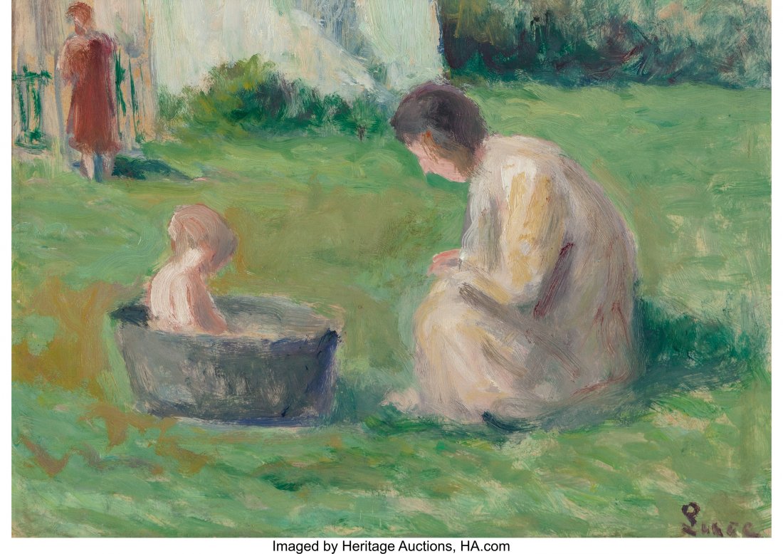 Maximilien Luce (French, 1858-1941) Le bain du b: Maximilien Luce (French, 1858-1941)Le bain du bèbèOil on cardboard7-1/2 x 10-1/