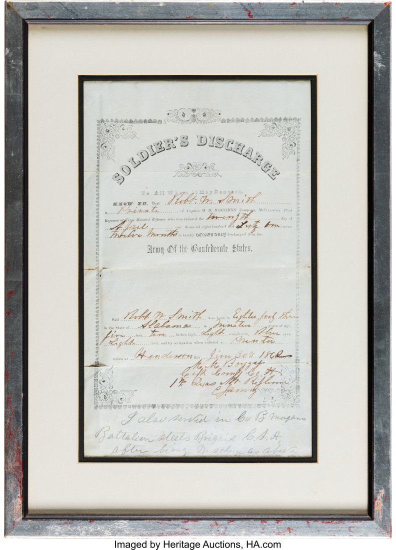 [Civil War]. Texas Confederate Discharge Papers.: [Civil War]. Texas Confederate Discharge Papers. One page, 8" x 12.75" (sight), June 30,